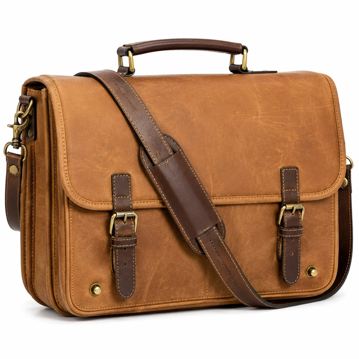 Aktentasche 40 x 30 x 12 cm aus braunem Leder mit Schultergurt und Schnallenverschluss