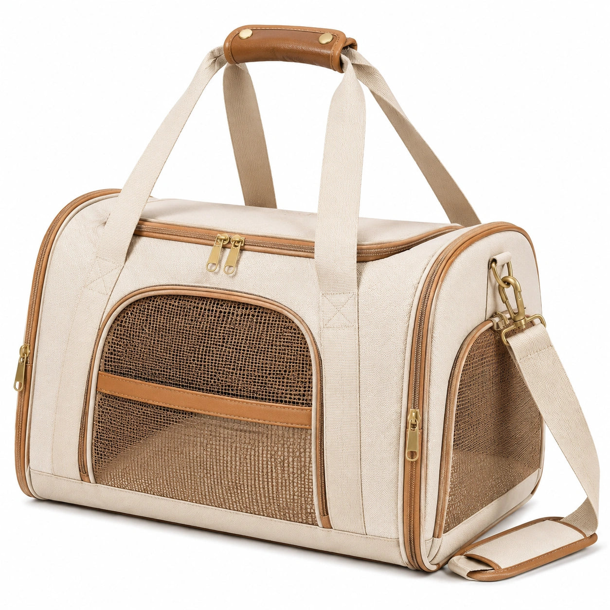 Haustiertragetasche 50 x 30 x 30 cm Beige Braun Textil mit Netzfenstern faltbar