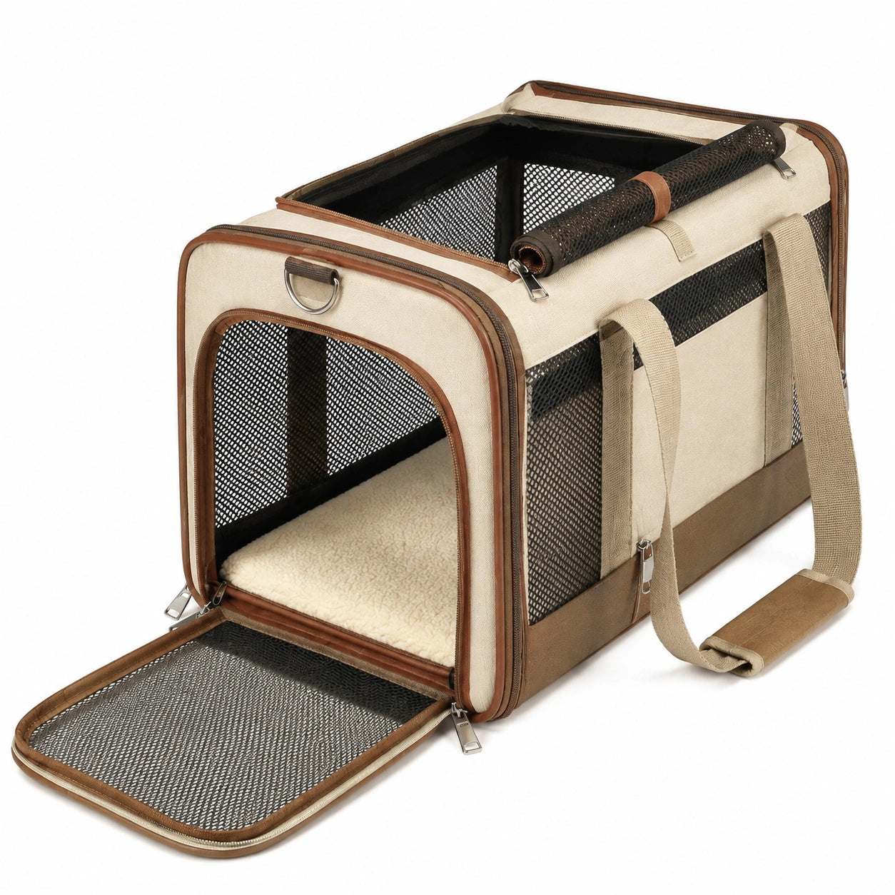 Tiertransporttasche 50 x 30 x 30 cm aus Textil Kunstleder in Beige Grün mit Netzfenstern