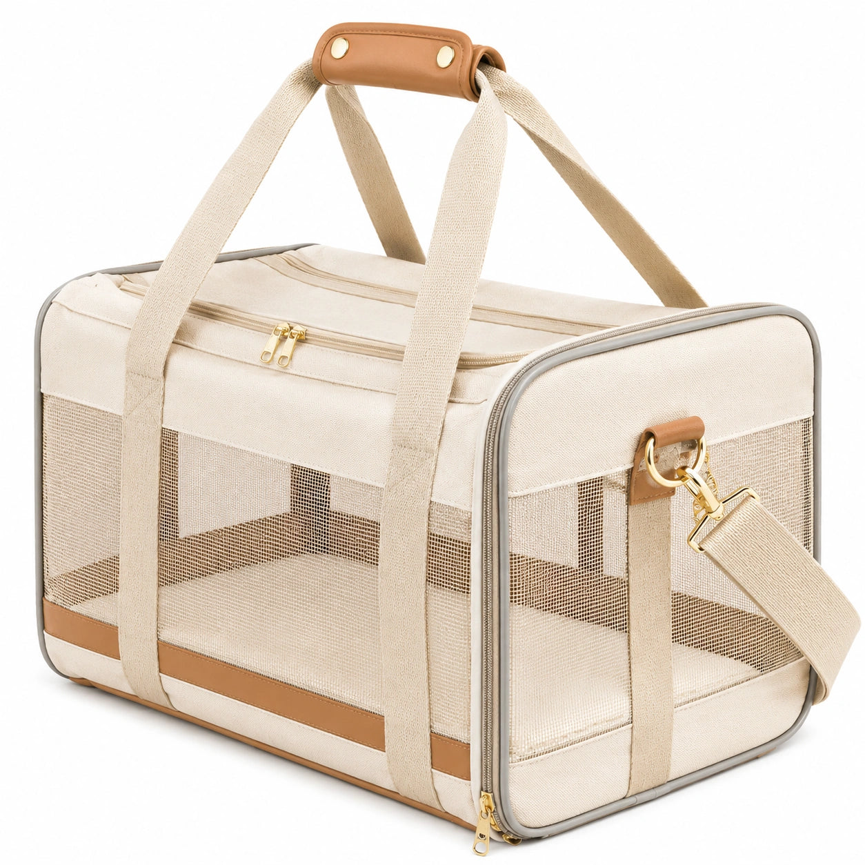 Haustier-Transporttasche 43 x 25 x 28 cm Textil Salbeigrün Beige für Katzen und kleine Hunde mit Netzfenster
