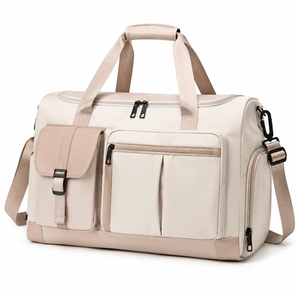 Reisetasche 55 cm Textil Beige Braun mit Schultergurt und Reißverschluss