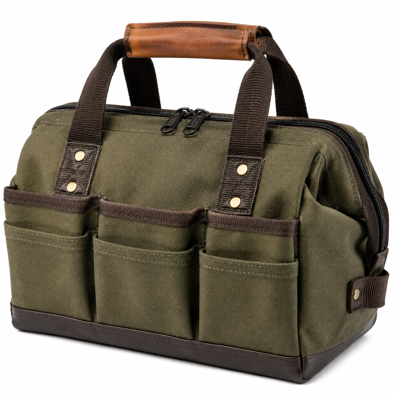 Werkzeugtasche 36 x 18 x 30 cm aus Canvas Beige Oliv mit Reißverschluss und Außentaschen