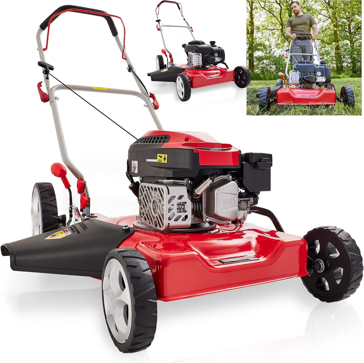 Hecht Rasenmäher, 51 cm, Rot/Schwarz/Silber, Benzin Mulch, Benzin mit Mulchfunktion und Seitenauswurf, Schnittbreite