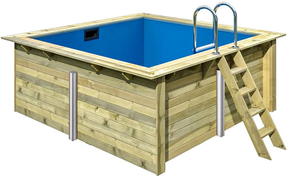 POOL Total Stahlrahmenpool, 1,24 m, Blau/Holz, Holz Komplett-Set Rechteck Schwimmbecken - Inkl., 50 x 3, 20 x )