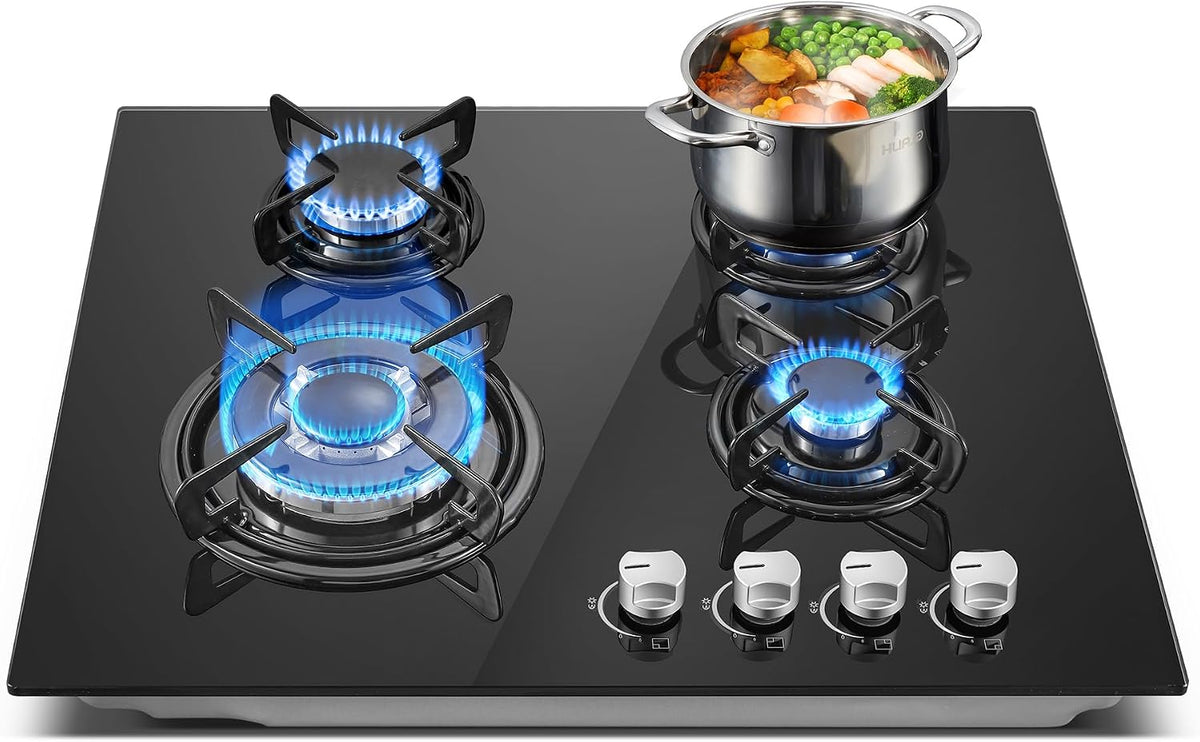 TopStrong Gasherd, 8060 W, 60 cm, 240 V, Schwarz/Silber, Gaskochfeld 4 Flammig, Gaskochfeld mit Automatischer Thermoelementschutz
