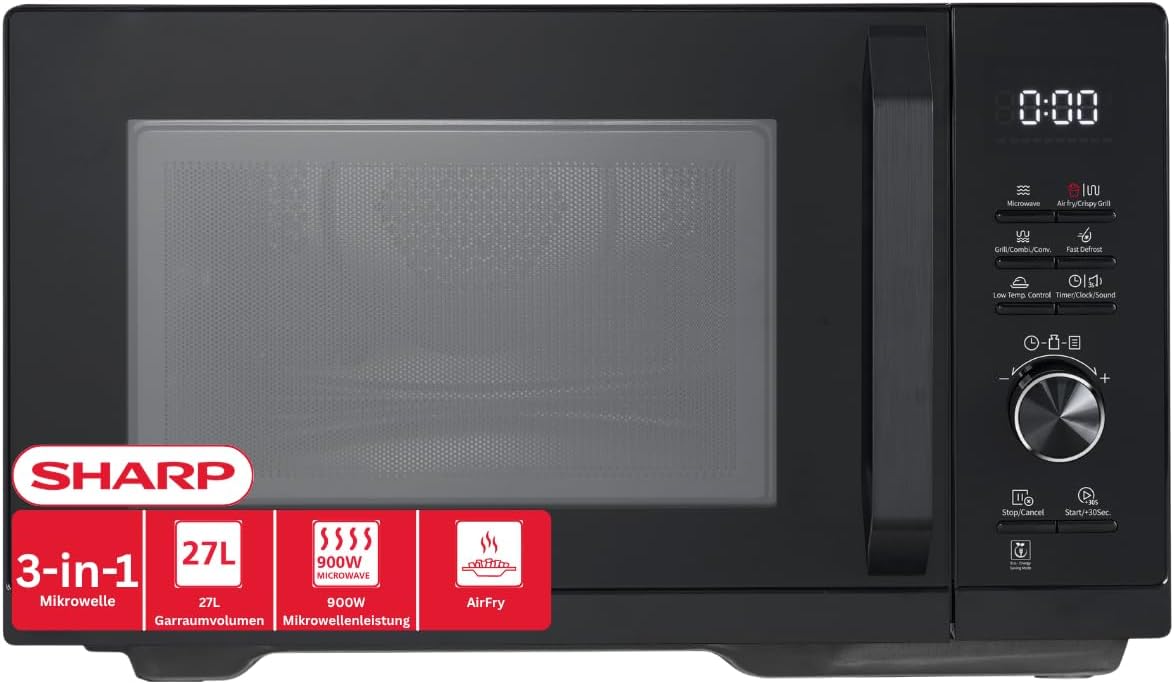 SHARP Mikrowelle, 1000 W, 2100 W, 900 W, 27 L, Schwarz, RCA271TB 5-in-1 Airfry-, Grill, Heißluft & AirFry-Funktion