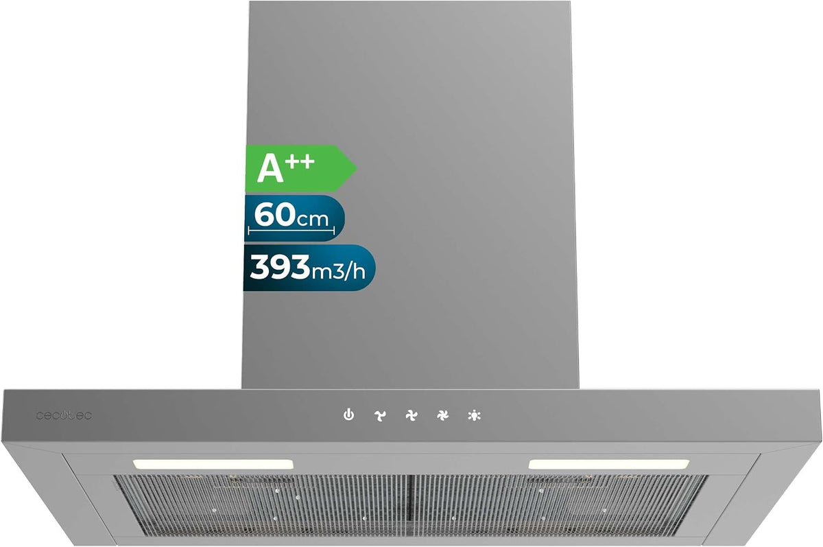 Cecotec Dunstabzugshaube, 60 cm, 393 m, Silber, Bolero Flux TT 604000, Edelstahl A++, Saugleistung ³/h, DC-Motor