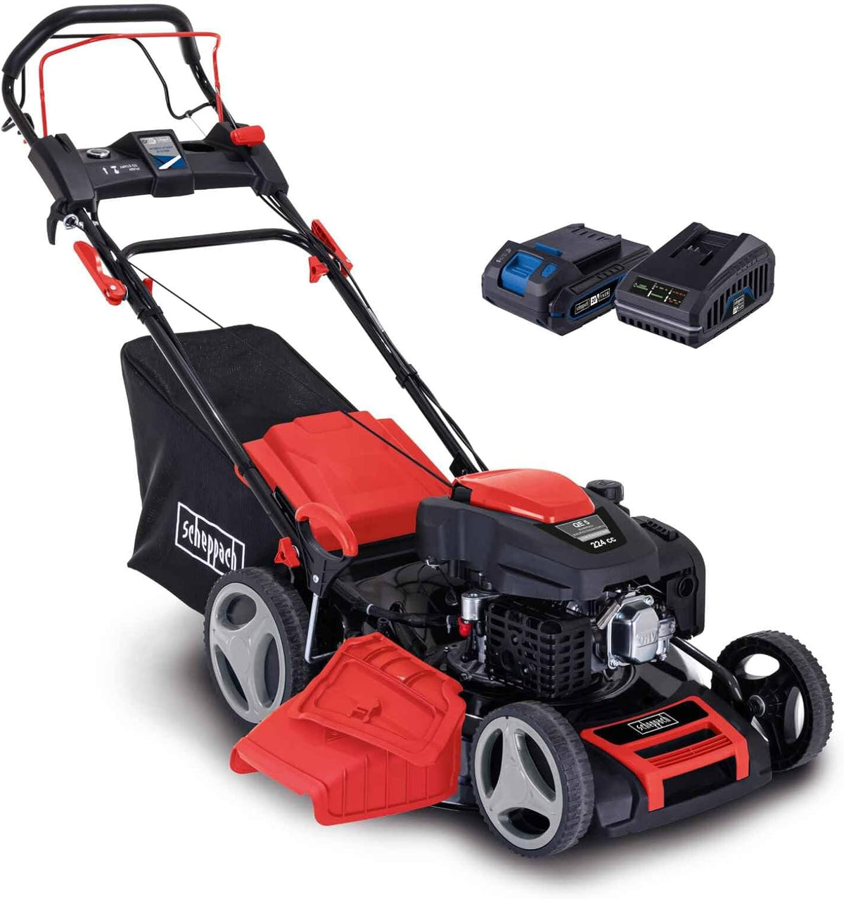 Scheppach Rasenmäher, 53 cm, 65 L, Schwarz/Rot, MS225-53E VS Benzin mit Antrieb & VarioSpeed - 6PS, E-Start, Schnittbreite