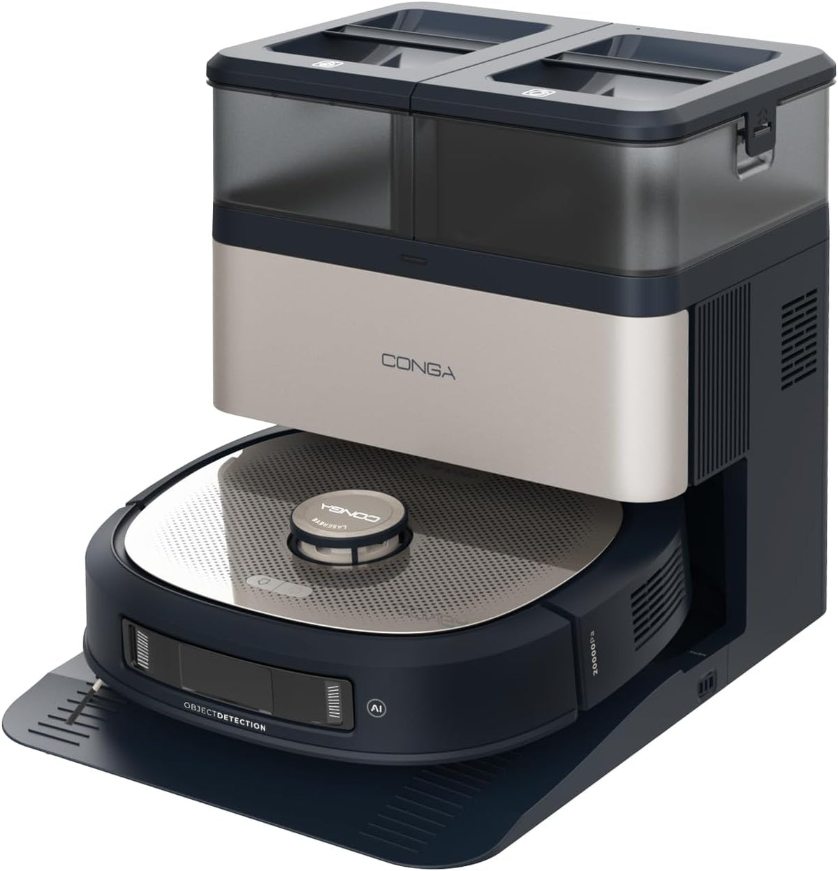 Cecotec Saugroboter, dunkelblau/beige, und Wischroboter mit Selbstentleerungsstation, KI und Laser Conga Z100 X-Treme. Lasernavigation