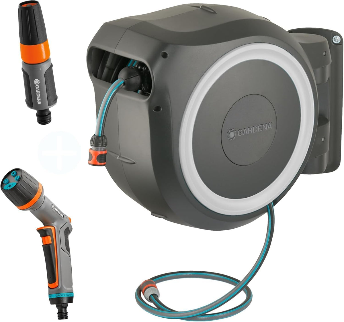 Gardena Schlauchhalter & -wagen, 30 m, Grau/Weiß/Orange, Wand-Schlauchbox RollUp L (weiß) exklusiv für Amazon