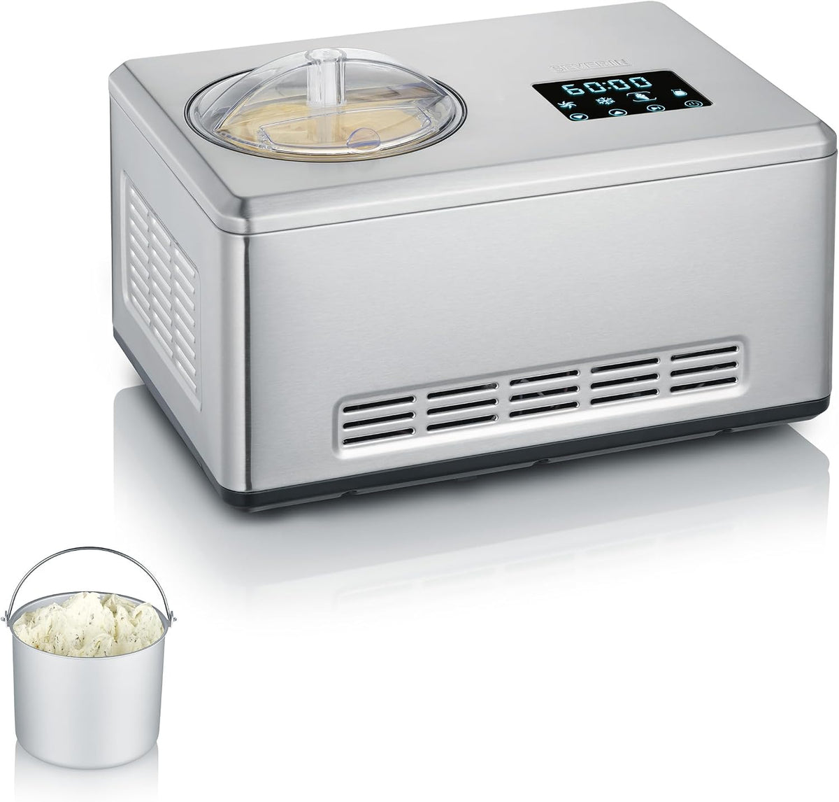 SEVERIN Eismaschine, Silber, 2-in-1 mit Joghurtfunktion, mit Kompressor für Eis, Sorbet und Frozen Joghurt, Joghurtbereiter mit 'warm & cold'-Funktion