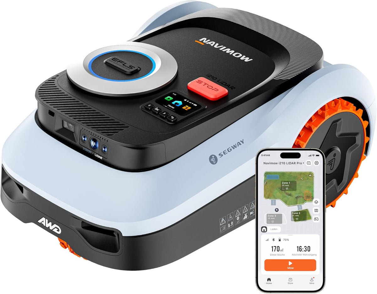 NAVIMOW Mähroboter, 1000 m, 70 mm, Schwarz/Blau/Orange, Segway i210 LiDAR Pro ohne Begrenzungskabel für ², LiDAR+Vision+NRTK Tri-Fusion-Positionierung