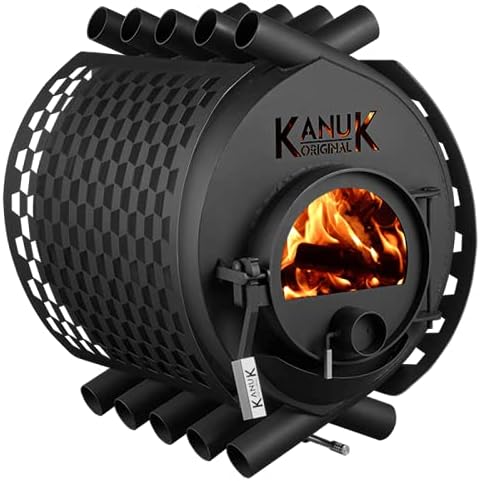 Kanuk Kaminofen, 15 kW, Schwarz, Warmluftofen ® Original - Werkstattofen - Schwedenofen -, Österreich und Schweiz - BimSchV (Seitenverkleidung Trapez