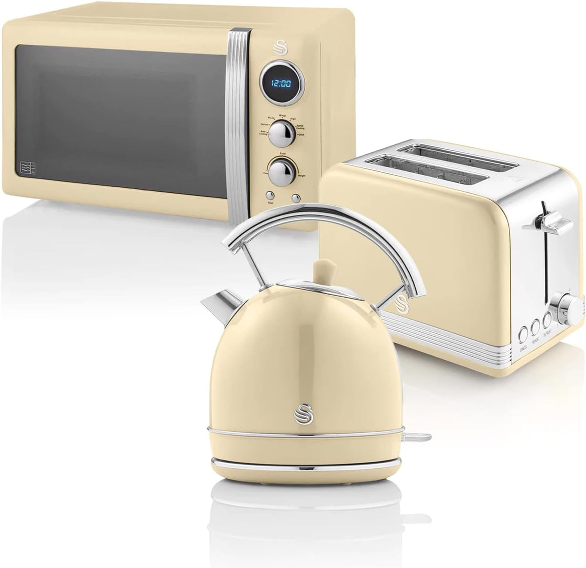 Swan Mikrowelle, 1,8 L, 20 L, Creme, Retro Frühstücks-Set Wasserkocher, 2 Scheiben Breitschlitz-Brottoaster, Digital