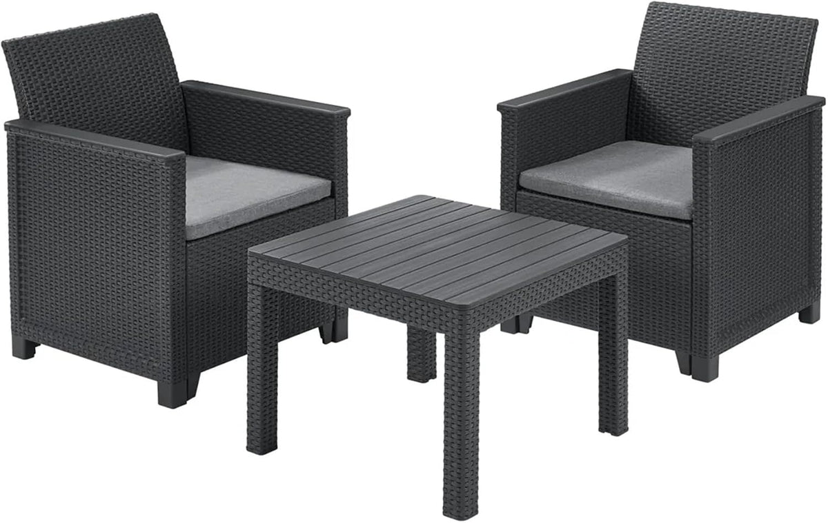 Keter Gartenmöbel-Set, Graphit/Grau, Emma Balcony aus Rattan mit 2 Sesseln und Tisch, Graphit