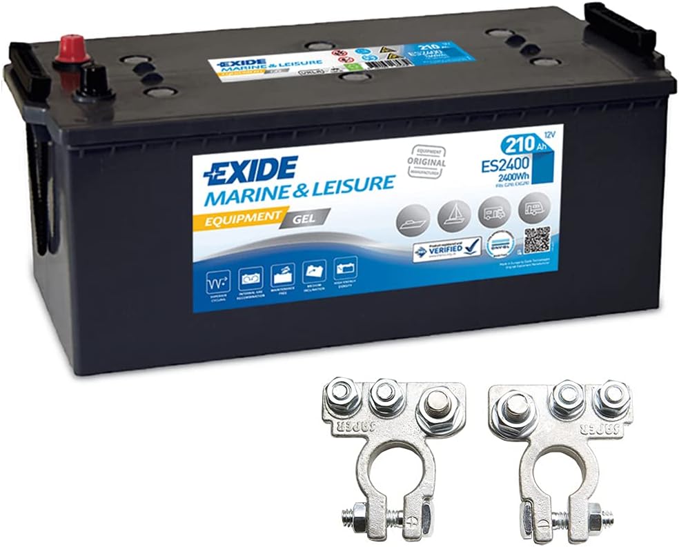 Exide Autobatterien, 210 Ah, 12 V, Schwarz/Silber, Equipment Gel Batterie ES 2400 G210 inkl. Polklemmen Boot