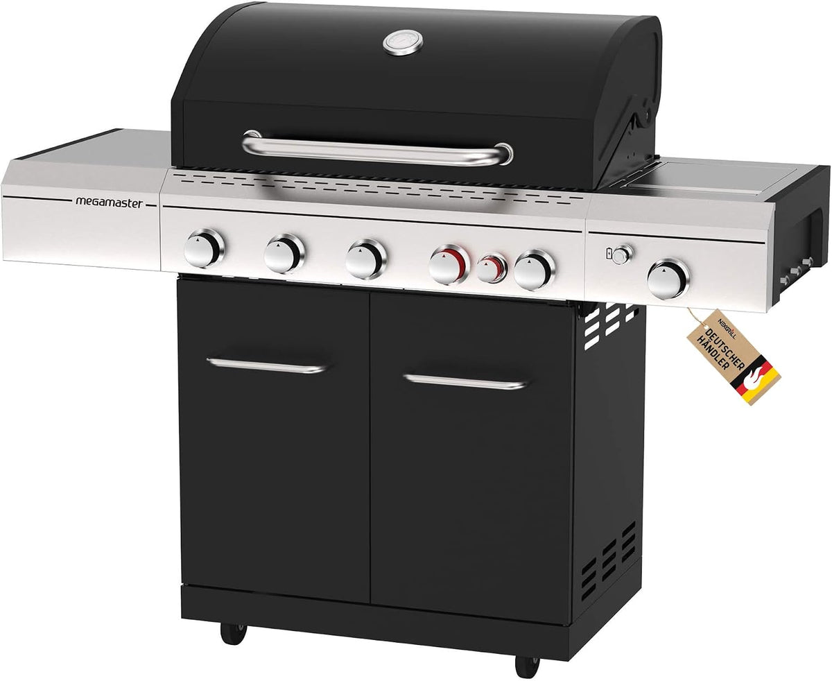Megamaster Gasgrill, 26KW, Schwarz/Silber, Turbobrenner, Seitenkocher und Keramik-Backburner - Edelstahl-Rost, Mit Seitenbrenner