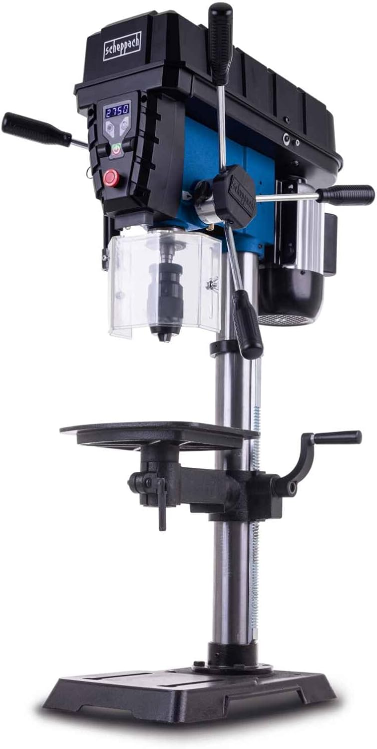 Scheppach Tischbohrmaschinen, 80 mm, 750 W, 16 mm, Schwarz/Blau, Tischbohrmaschine TBM300Vario mit Bohrtiefe, Leistung