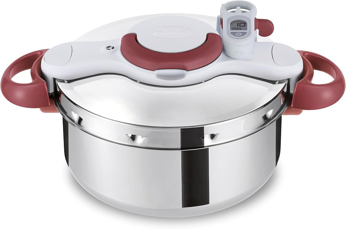 Tefal Schnellkochtöpfe, 6Liter, Edelstahl/Weiß/Rot, P46207, Clipso Minut' Perfect Schnellkochtopf, mit Garbkorb und Timer