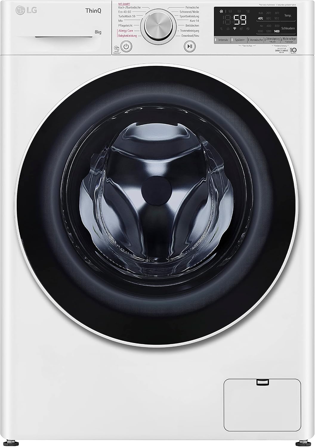 LG Waschmaschine, 62 x 60 x 85 cm, 8 kg, Weiß/Schwarz, Electronics F4WV7080, Klasse A, 1400 U/Min, AI Direct Drive