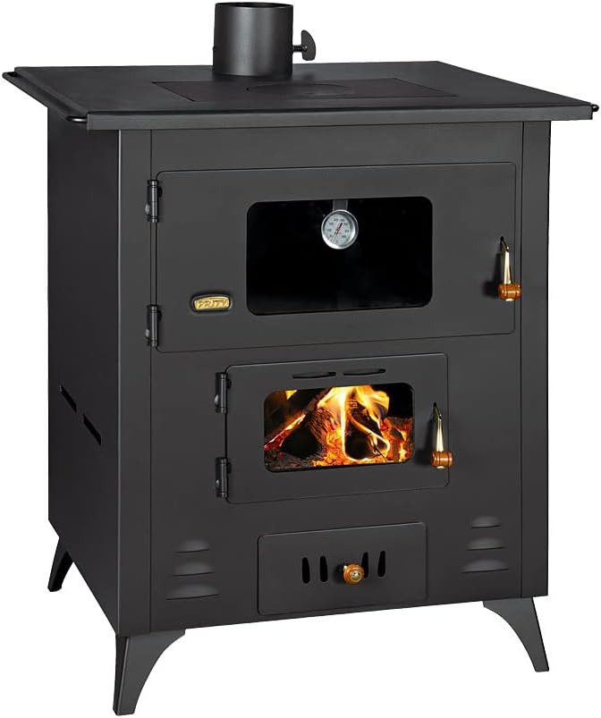 Prity Backofen, 14 kW, 79 m, Schwarz/Graphit, Küchenofen mit und Kochplatte, Modell 1P50R, Holz, Gusseisen, Heizofen
