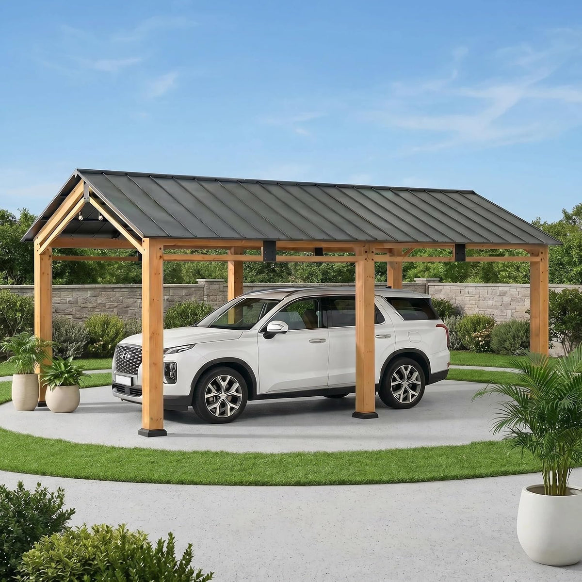 Sunjoy Pavillon, 3,36 m, 14 cm, Braun/Schwarz, 6 x Garten-Carport aus Zedernholz, mit pulverbeschichtetem Stahldach