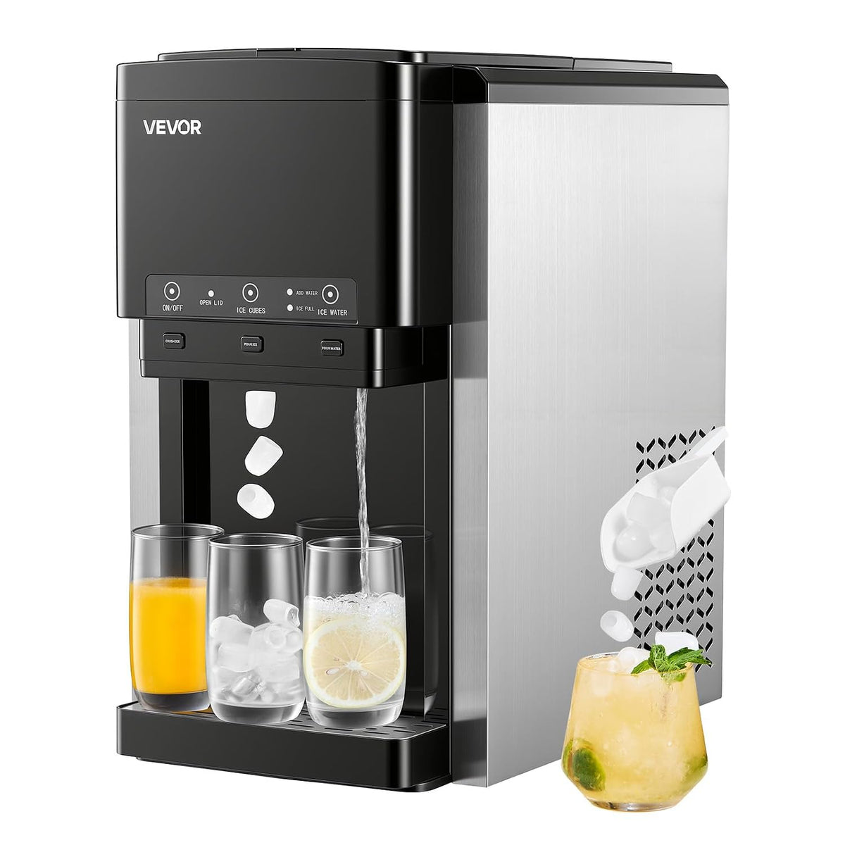VEVOR Eiswürfelbereiter, 16 kg, Schwarz/Silber, Wasserspender mit /Tag, 3 in 1 Tischwasserspender, Kugeleis/Crushed Ice & Kaltwasser