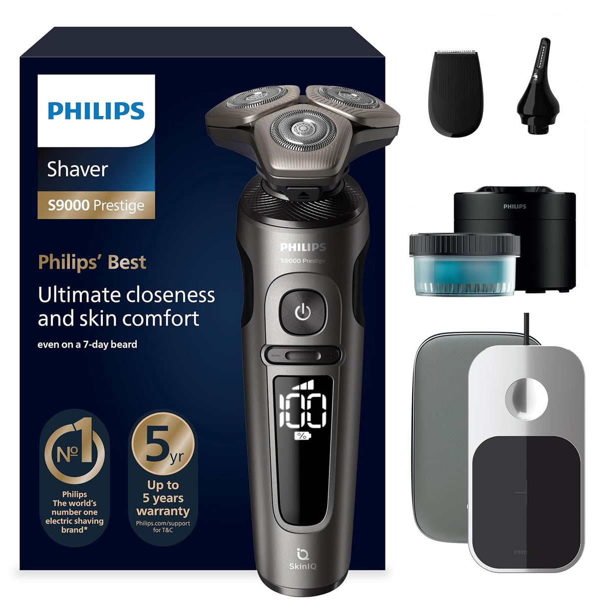 Philips Elektrorasierer, schwarz/gold, Shaver S9000 Prestige, elektrischer Nass- und Trockenrasierer, Gold, SkinIQ Technologie