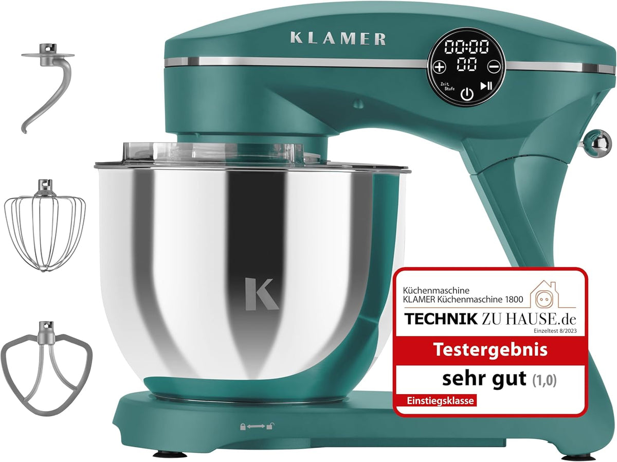 KLAMER Universalküchenmaschinen, 1800 W, 6 L, Türkis/Silber, Knetmaschine Brotteig mit Edelstahl-Rührschüssel, 10 Stufen mit Timer