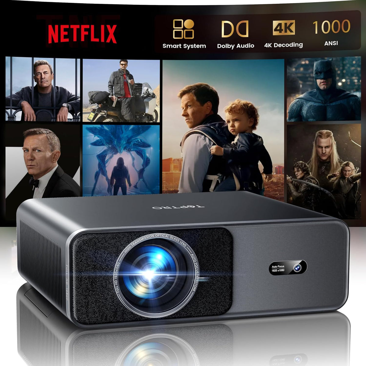 TOPTRO Beamer, Schwarz, Smart 4K - [Kompatibel mit Netflix & Dolby Audio] 1000 ANSI, 4K Heimkino WiFi 6/Bluetooth Full HD 1080P HDR10 Outdoor