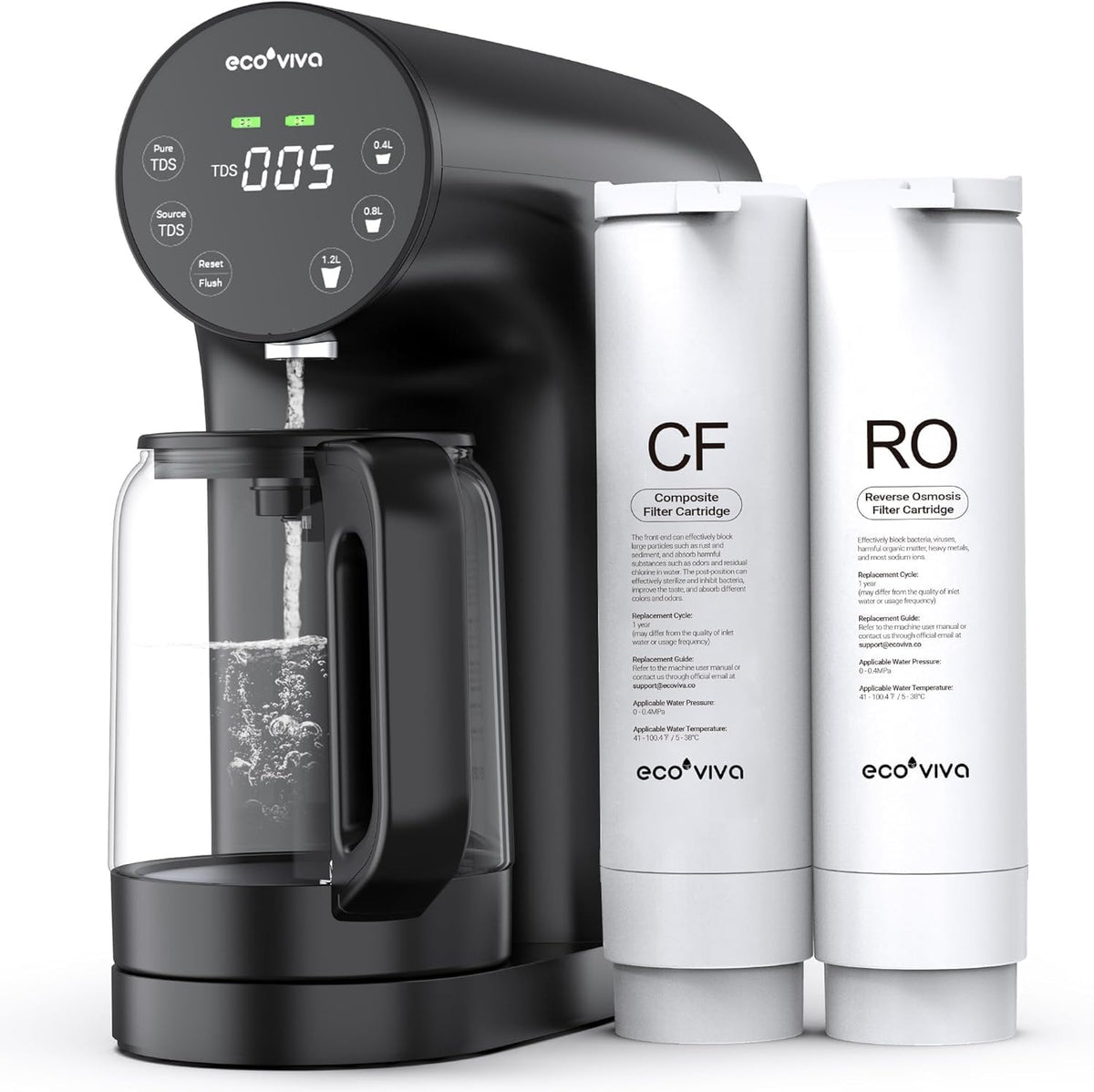 Ecoviva Monitor, Schwarz/Weiß, Auftisch Osmoseanlage, Trinkwasser Umkehrosmoseanlage mit 5-stufige Filtration, Echtzeit-TDS