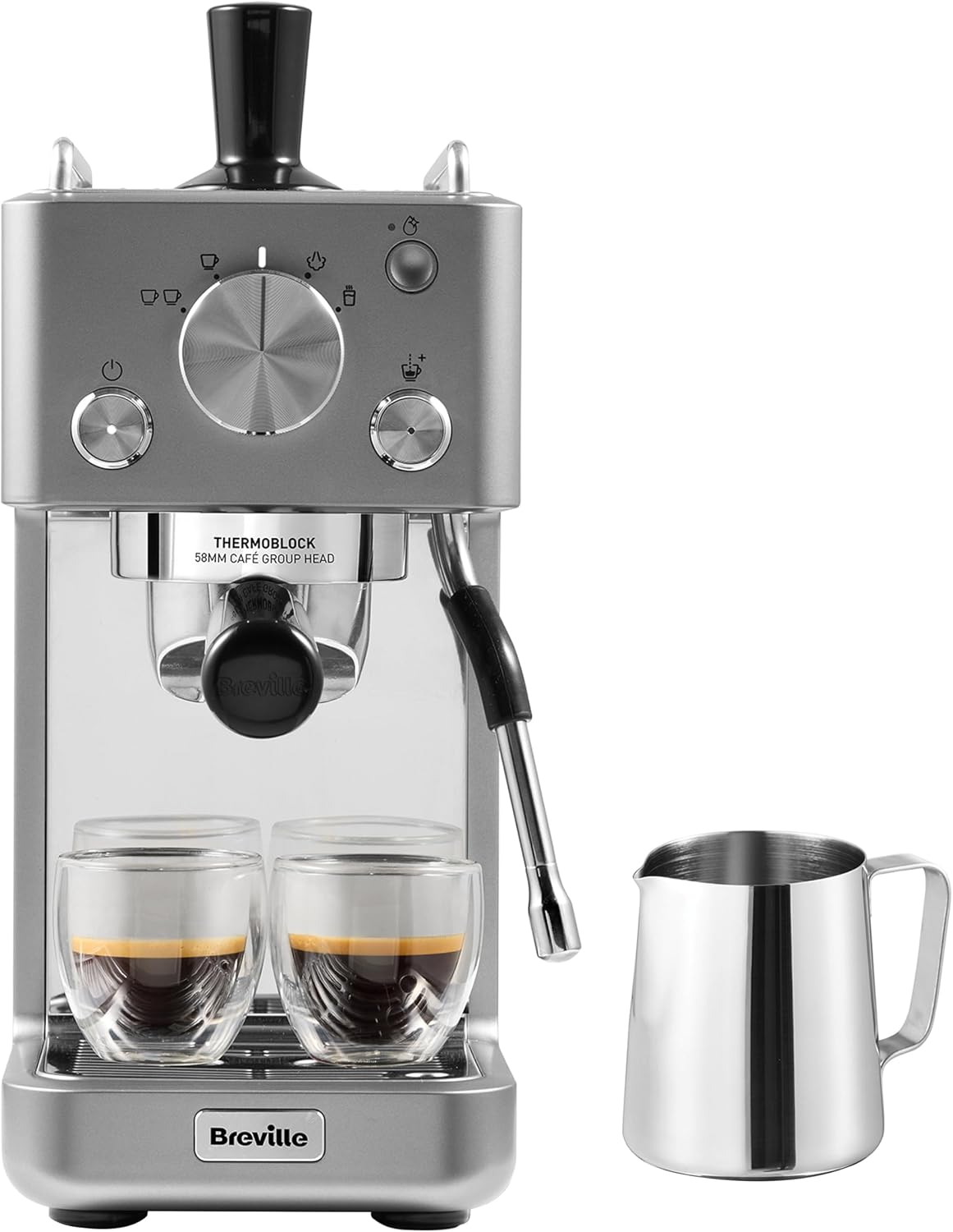 Breville Milchaufschäumer, Silber, Barista-Espressomaschine „Slimline', integrierter, kompakte Kaffeemaschine für Cappuccinos