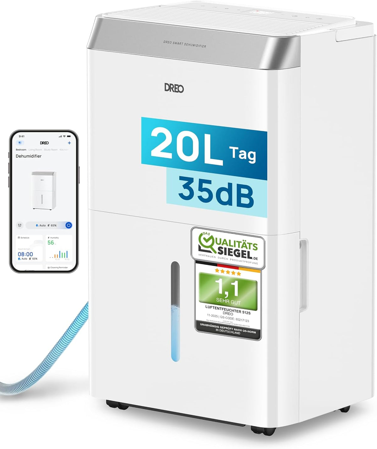 Dreo Wäschetrockner, 35 dB, 100m, 3,4 L, 20 L, Weiß/Grau, Luftentfeuchter elektrisch, App & WLAN, /24h, Raumentfeuchter leise