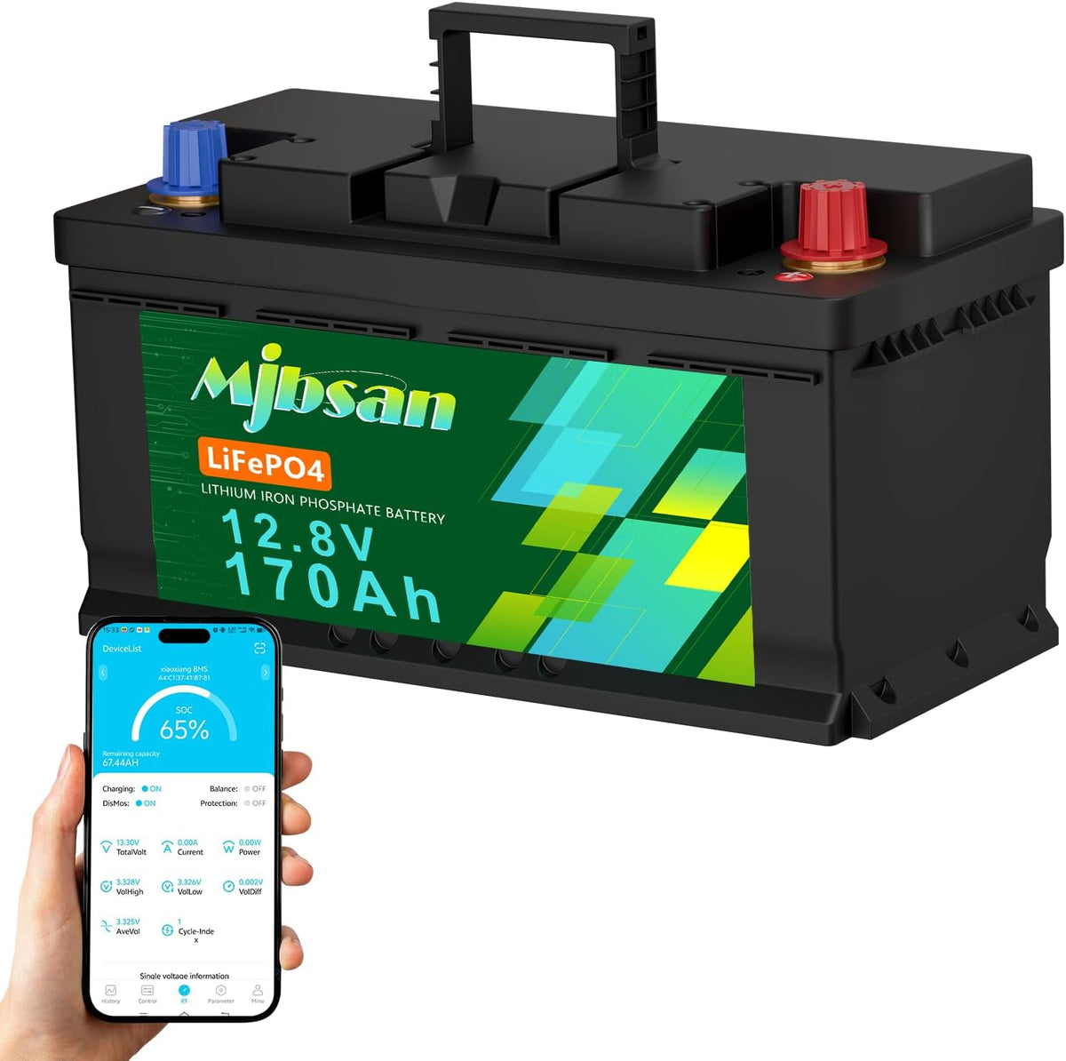 Mjbsan Autobatterien, 2176 Wh, 170 Ah, 190 mm, 12 V, Schwarz/Grün, Bluetooth LiFePO4 Batterie, Höhe Unterfahrstuhl Lithium Batterie mit Smart 150A BMS
