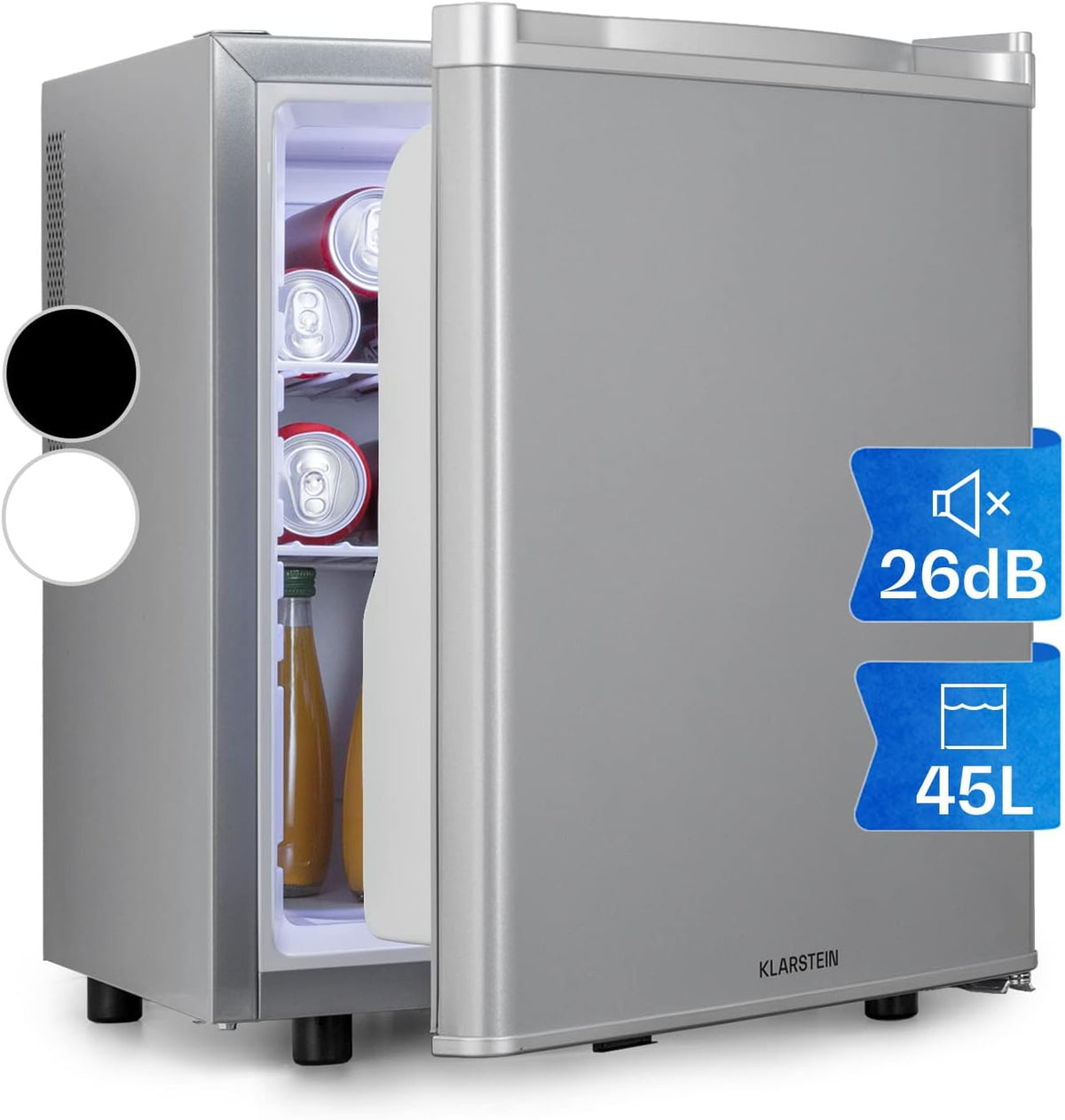 Klarstein Mini-Kühlschrank, 45 L, Silber, Mini Kühlschrank für Zimmer, für Getränke, Snacks & Kosmetik, Kleine Minibar