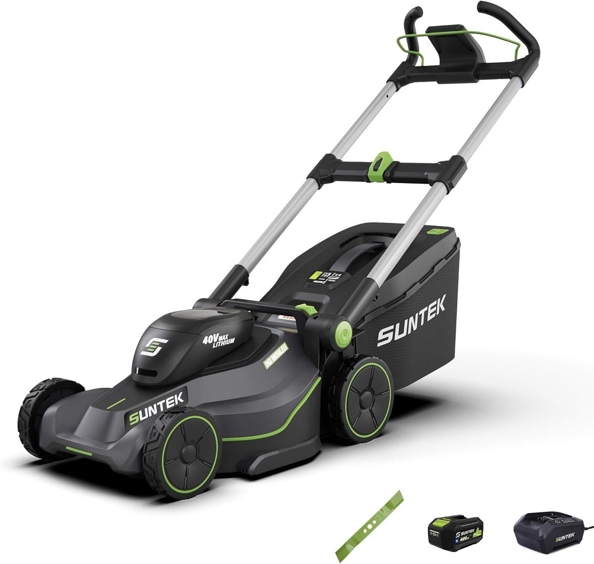 SUNTEK Rasenmäher, 4,0 Ah, 43 cm, 40 V, Schwarz/Grün, Akku-, Digi-Brushless Hand, Lithium-Ionen-Akku und Schnellladegerät enthalten