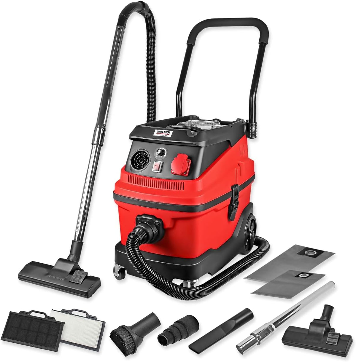 WALTER Staubsauger, 1600 W, 230 V, Rot/Schwarz, Industrie 3-in-1 mit Wasserfilter, Nass- & Trockensauger, mit Steckdose für Synchronbetrieb