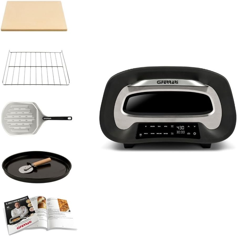 G3 Ferrari Pizzaofen, 1700 W, Schwarz/Silber, G10186 „Pronto Pizza 2 Minuti', bis 430°C, feuerfeste Stein, Digitaldisplay