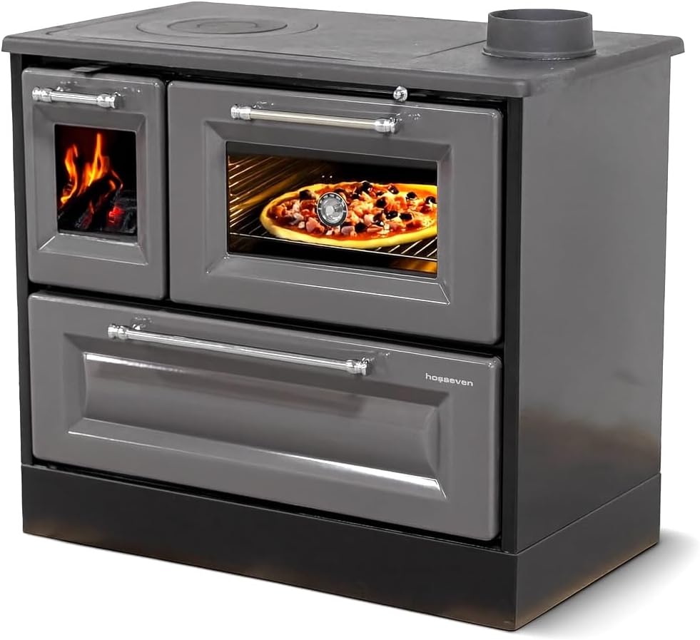 Hosseven Kaminofen, 8 kW, Grau, mit Backfach und Herdplatte 4012 Holzofen Holz Ofen