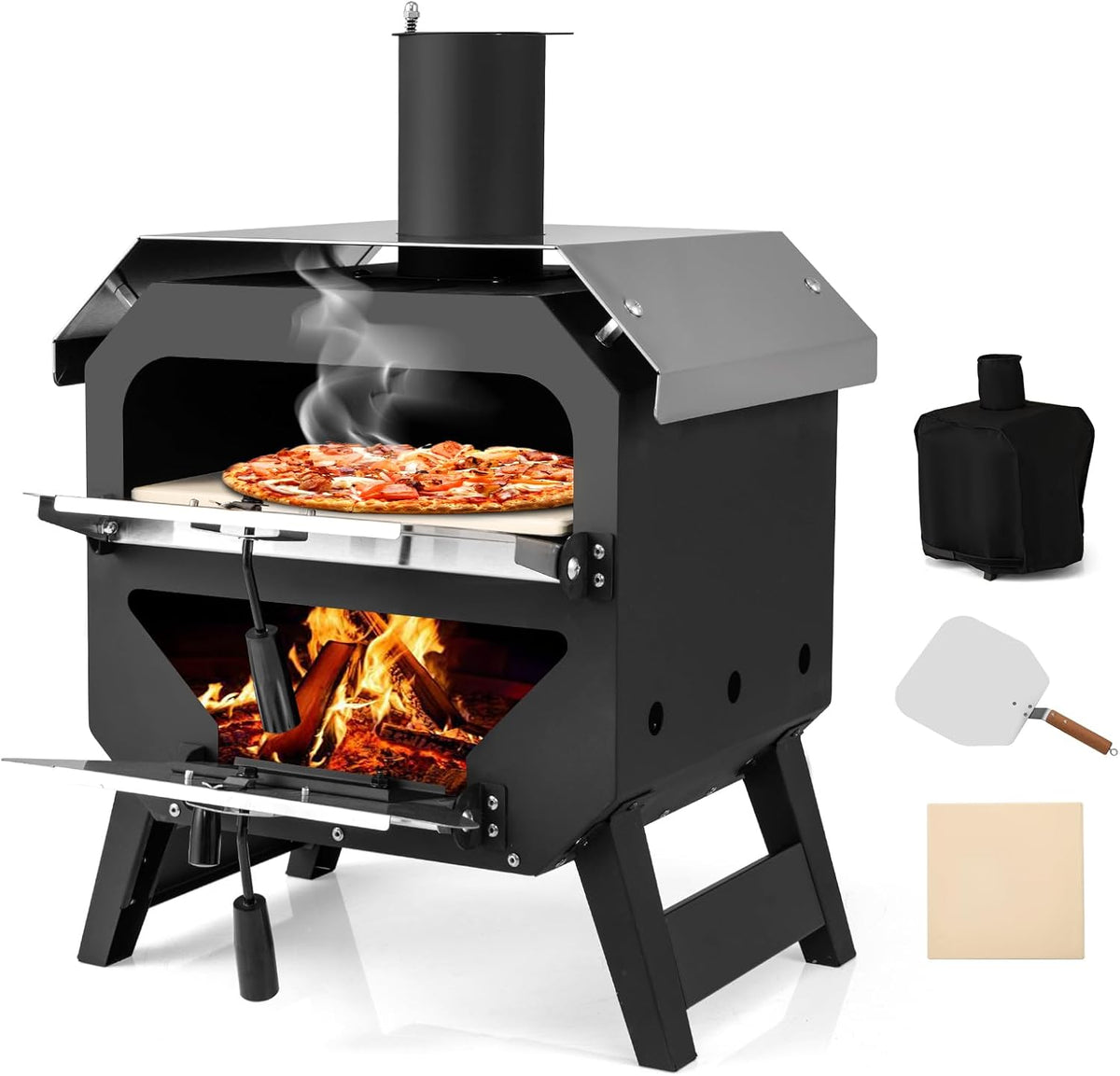 FANTASK Pizzaofen, 45 x 43 x 61 cm (L x B x H), Schwarz/Silber, 2 in 1 outdoor, Pizza Ofen mit Pizzaschaufel, Pizzaste