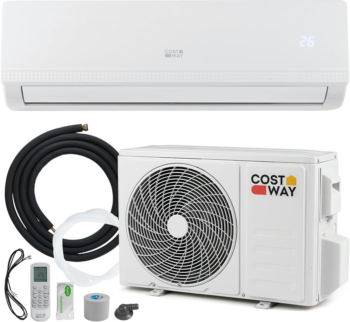 COSTWAY Split-Klimaanlage, 2,6 kW, 42m, Weiß, 9000BTU Split Klimaanlage, Klimageräte mit Heizfunktion, Kältemittel R32