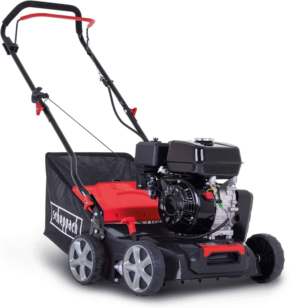 Scheppach Vertikutierer, 1400m, 4 kW, 40 cm, 40 L, Schwarz/Rot/Silber, Benzin- SC55P Rasenlüfter, 4-Takt-Motor mit 212 cm3 und 5