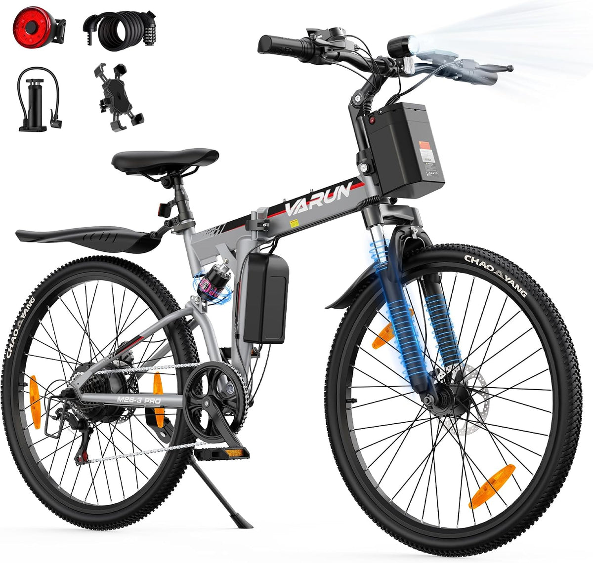VARUN Mountainbike, 26 Zoll, 374,4 Wh, 48 V, Grau/Blau, E-Bike Klapprad für Herren Damen, Akku Elektrofahrrad mit Vollfederung