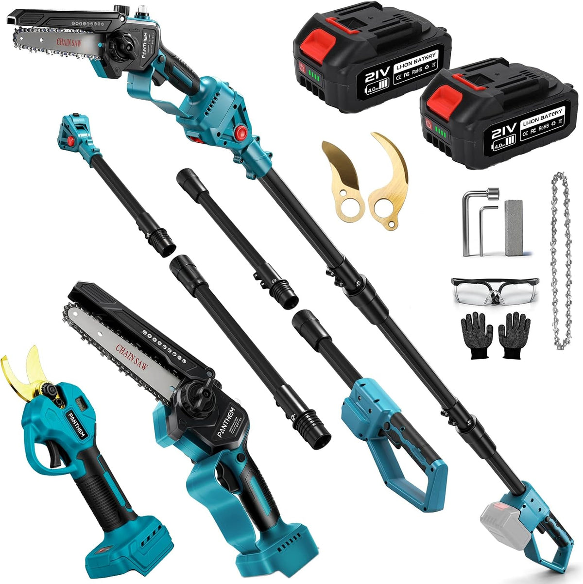 panthem Kettensäge, 6 Zoll, 45 mm, 18 V, 21 V, Schwarz/Blau, 4 in 1 Akku Hochentaster Mini mit Akku & Teleskop Astsäge