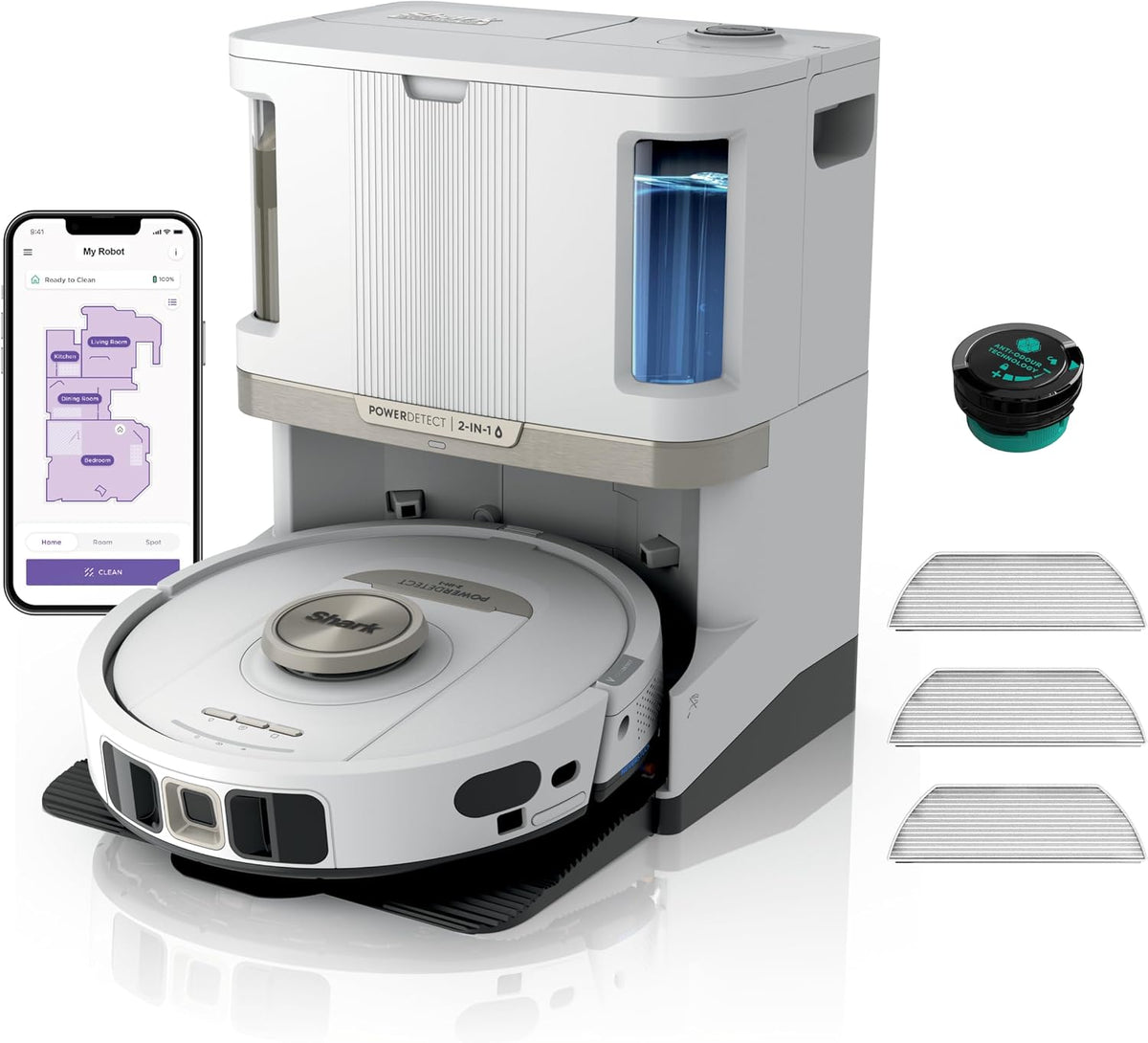 Shark Saugroboter, Weiß, PowerDetect 2-in-1-Saug- & Wischroboter, NeverTouch Pro 60 Tage, Selbst-Entleerung, Befüllung & -Reinigung