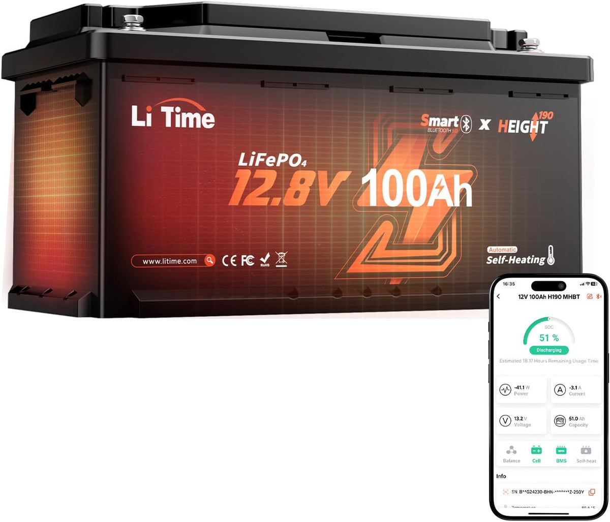 Litime Mikrowelle, 1280 Wh, 100 Ah, 12 V, Schwarz/Orange, LiFePO4 Batterie Bluetooth H190 Größe, 200A BMS Intelligente Heizung 2C Entladung
