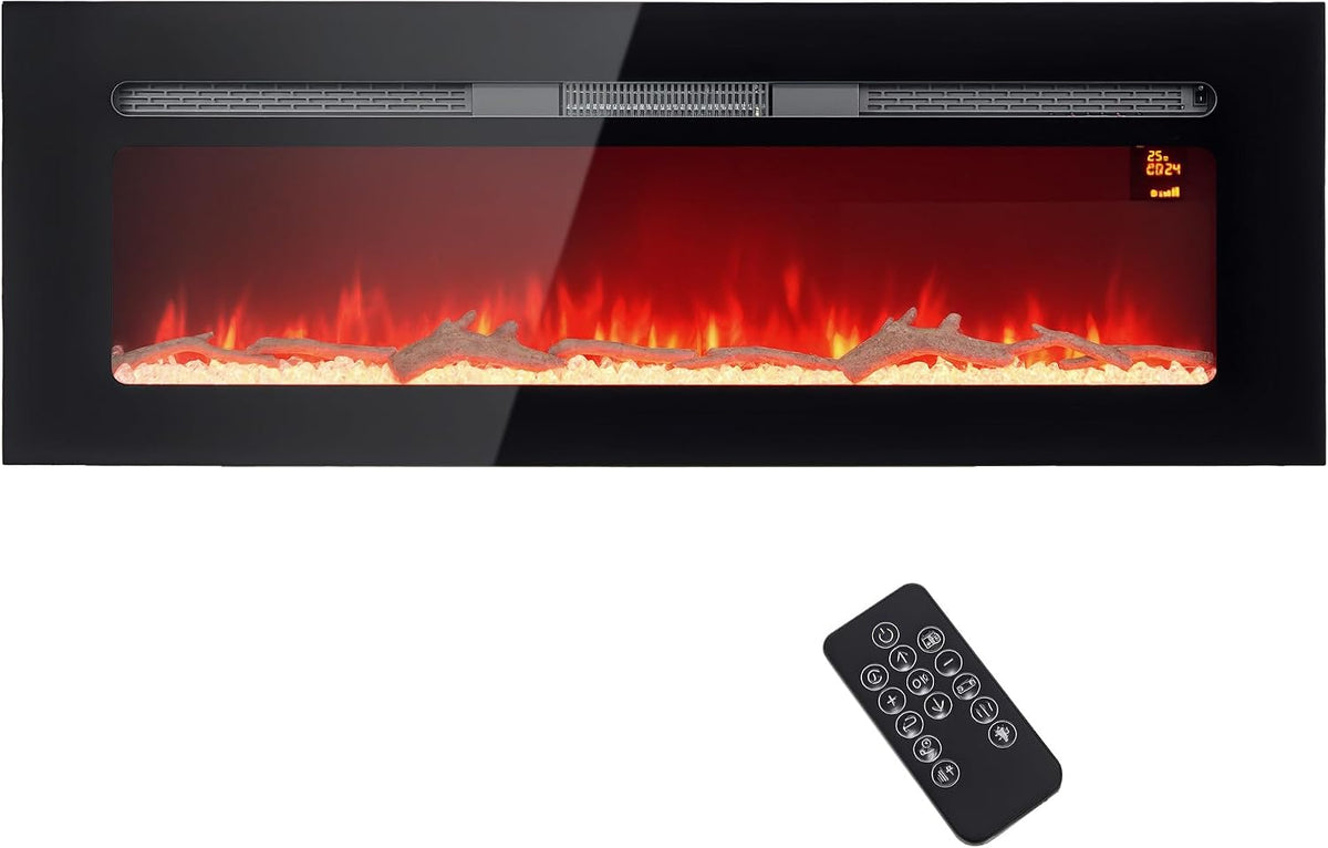 HOMCOM Elektrokamin, 1800 W, Schwarz, Wandkamin mit Heizung, LED 3D-Flammeneffekt, Kristalle, in 3 Farben mit 5 Helligkeitsstufen