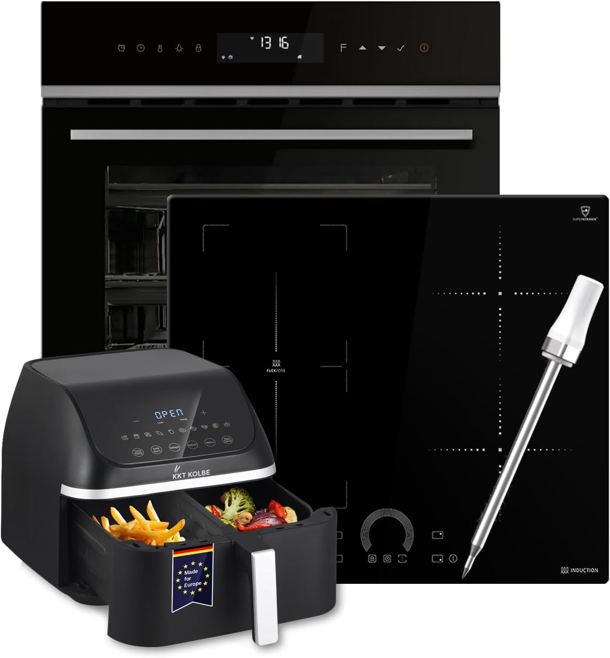 KKT KOLBE Backofen, 60 cm, 59 cm, Schwarz/Silber, Herdset, Einbau EB8319PHC, Induktionskochfeld IH85901FZ, Airfryer Heißluftfritteuse
