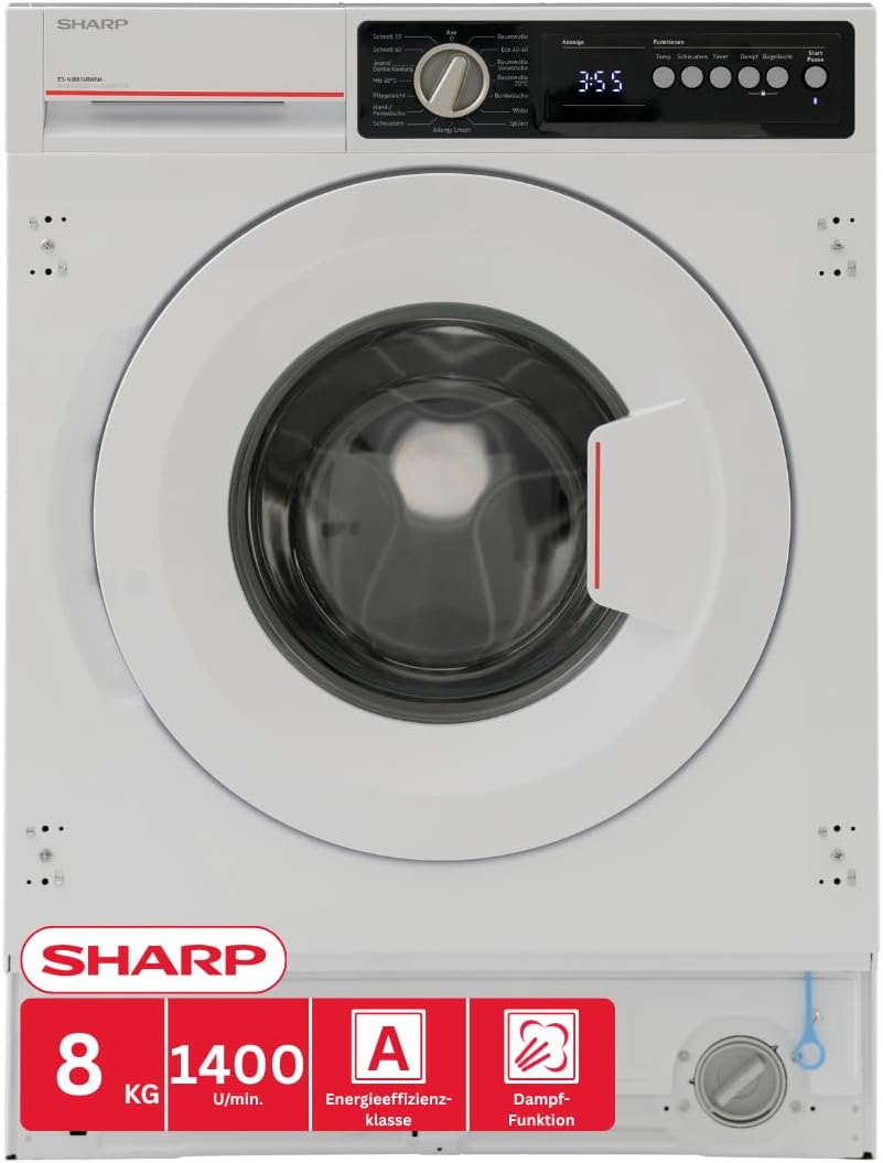 SHARP Waschmaschine, 8 kg, weiß, ES-NIB814BWNA-DE Einbau-, A (A bis G), 1400 U/min., Advanced Inverter Motor, Dampf