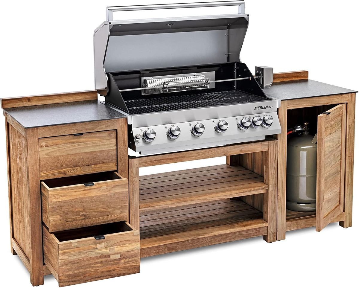 GRANDSTATE Gasgrill, Silber/Braun, Outdoor Grill-Küche 3-teilig aus Teak-Holz, inklusive 6-Brenner integriert Edelstahl- Merlin 641